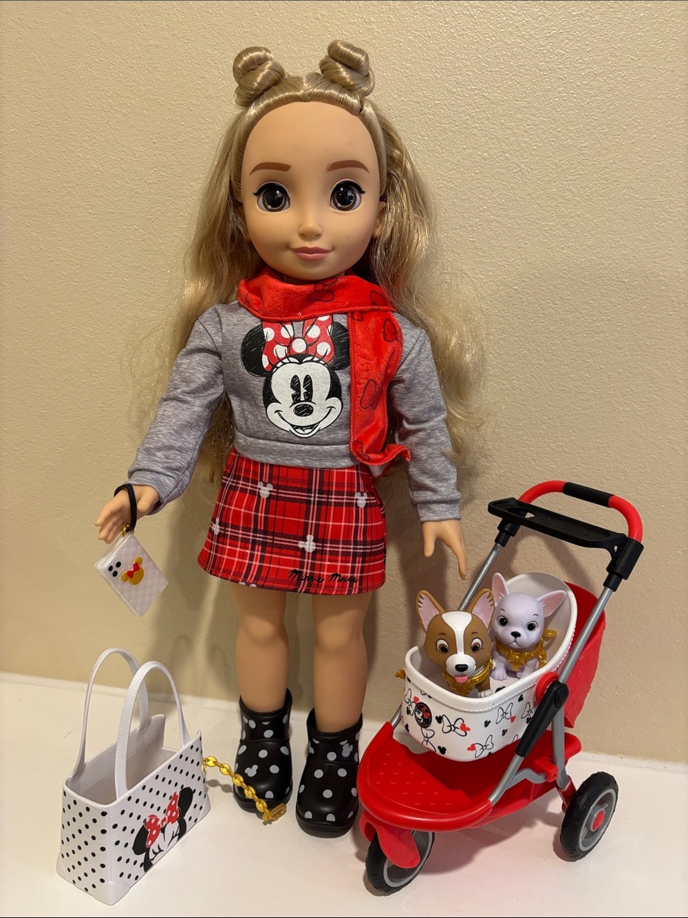 Disney Minnie Mouse Doll with Red Plaid Skirt, stroller and 2 dogs.